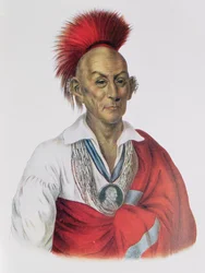 Ma-Ka-Tai-Me-She-Kia-Kiah eller Black Hawk, en modig Sauk, 1837, illustration ur "The Indian Tribes of North America, volym 2", av Thomas L. McKenney och James Hall, utgiven av John Grant